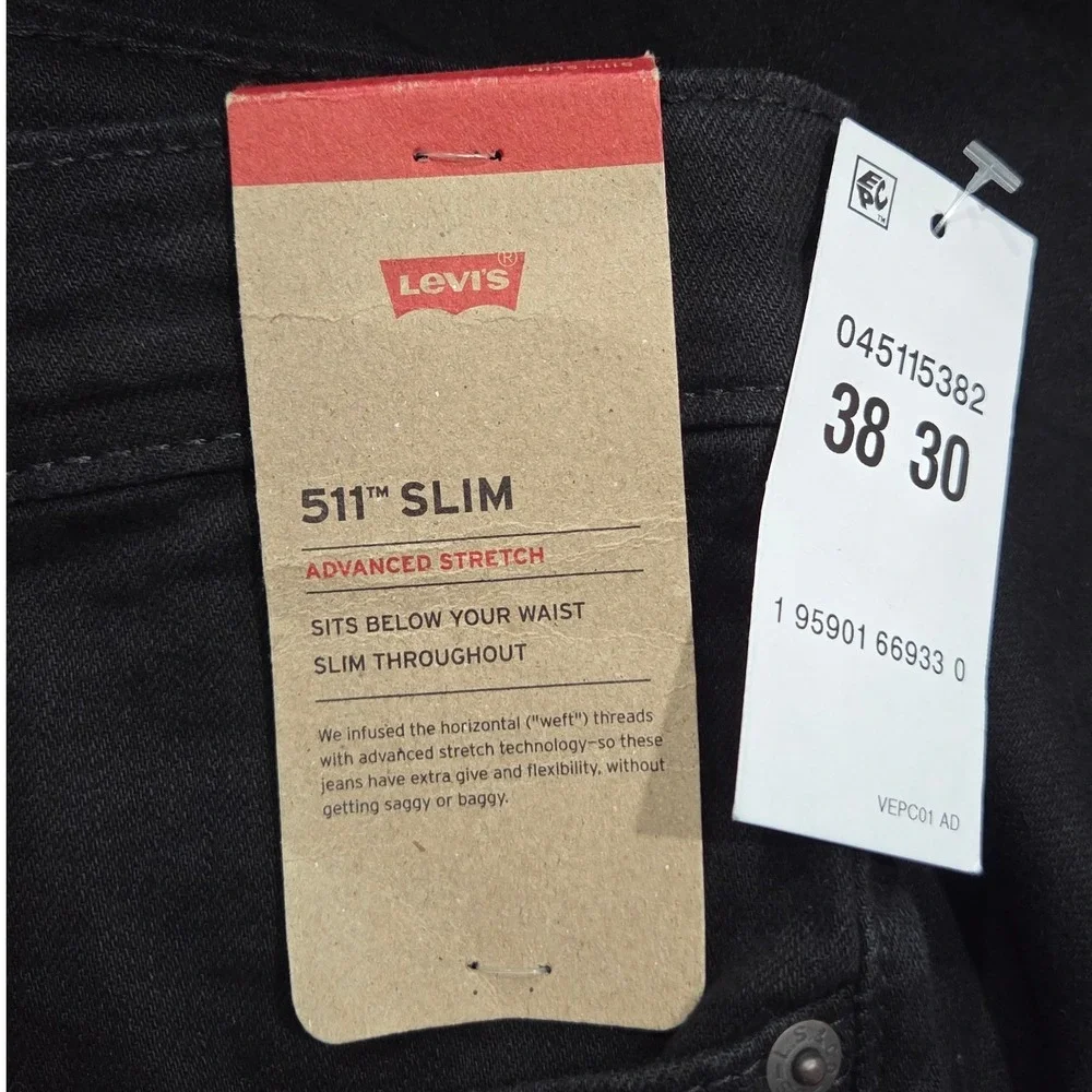 Levis 511 Slim Fit Jeans Mens 38x30 Black Straight Stretch Denim Zip Fly NEW